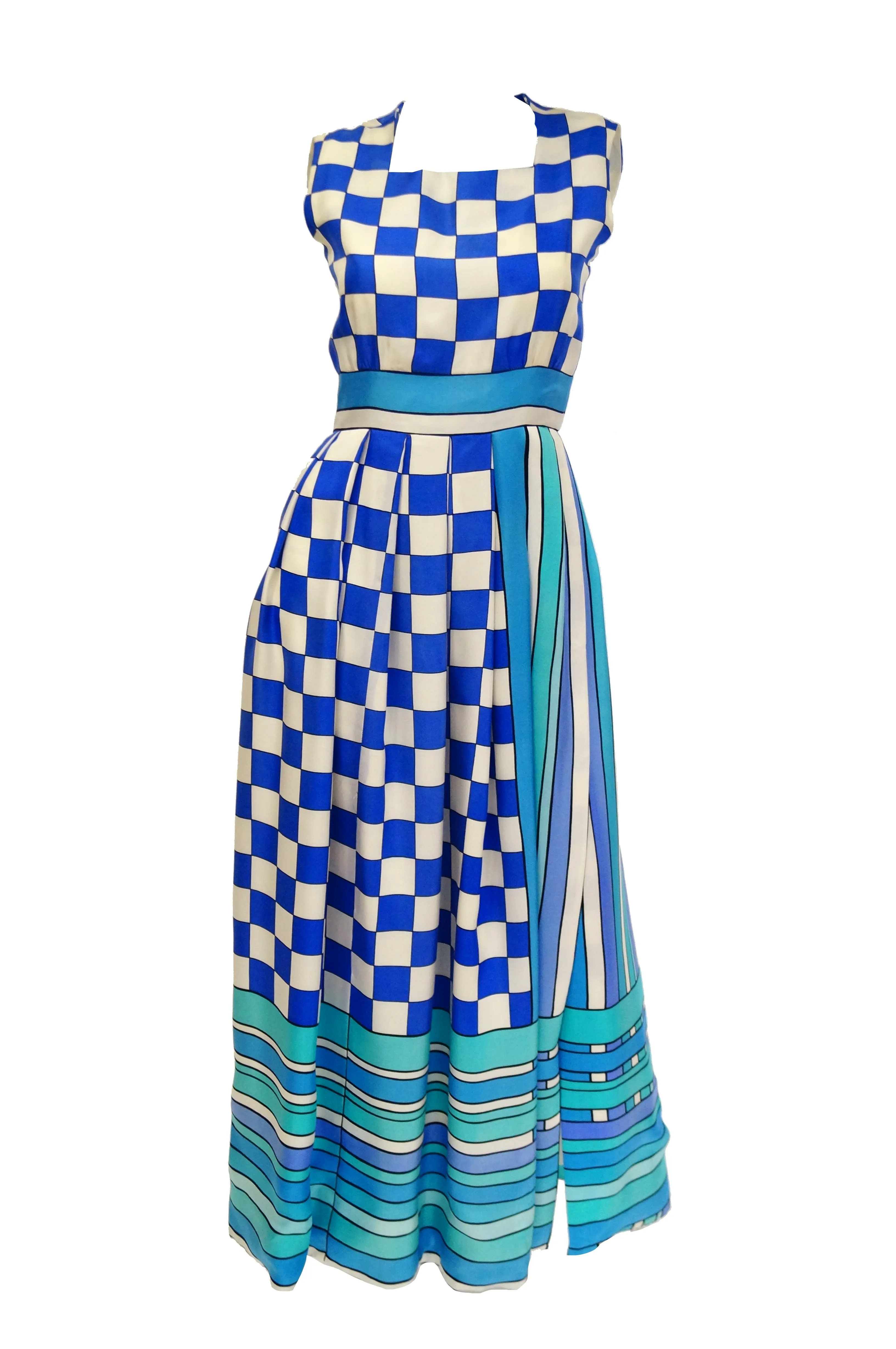 1960s Tina Leser Blue Checkerboard Print Dress with Graphic Blue Hem