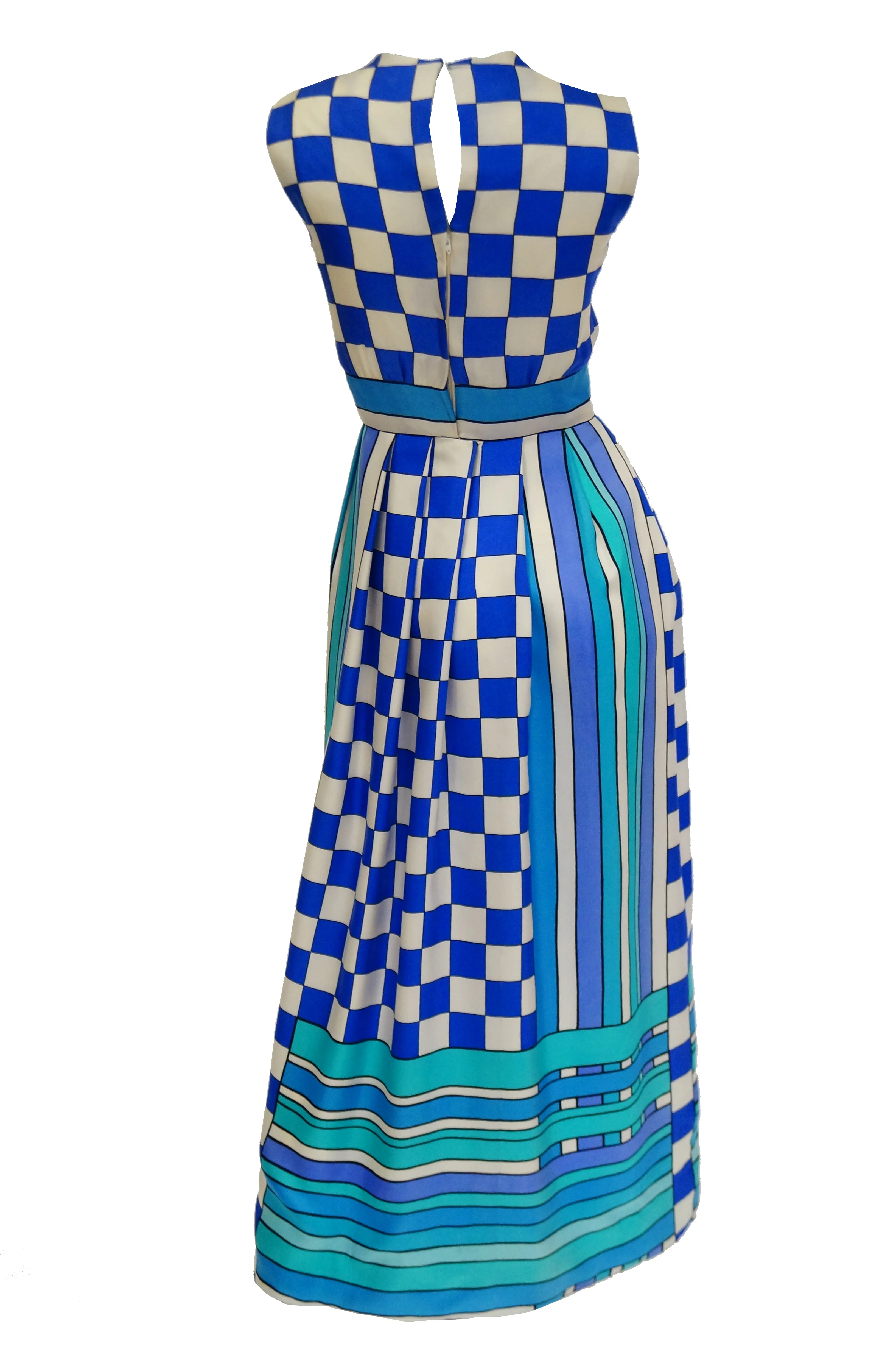 1960s Tina Leser Blue Checkerboard Print Dress with Graphic Blue Hem