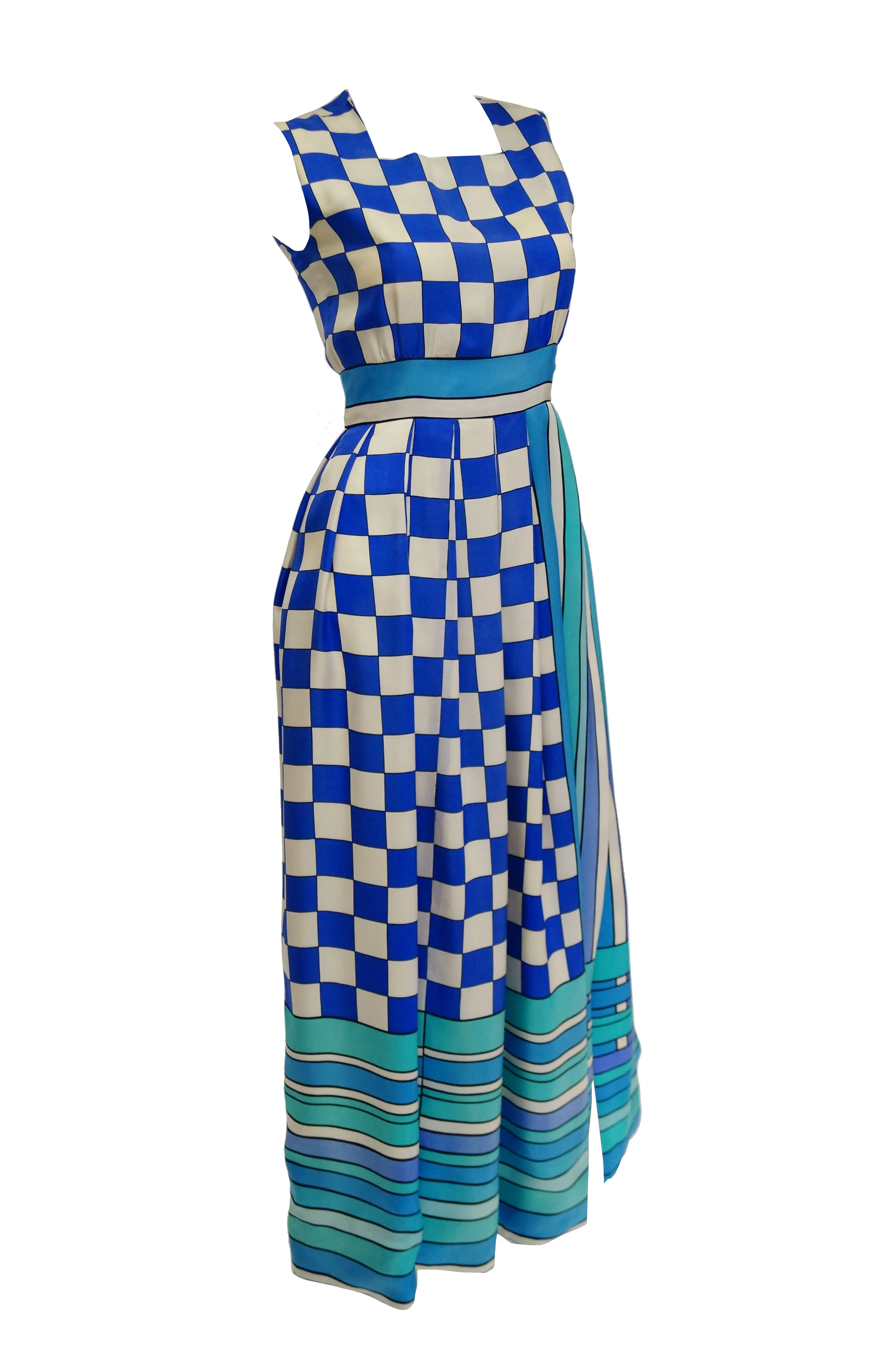 1960s Tina Leser Blue Checkerboard Print Dress with Graphic Blue Hem