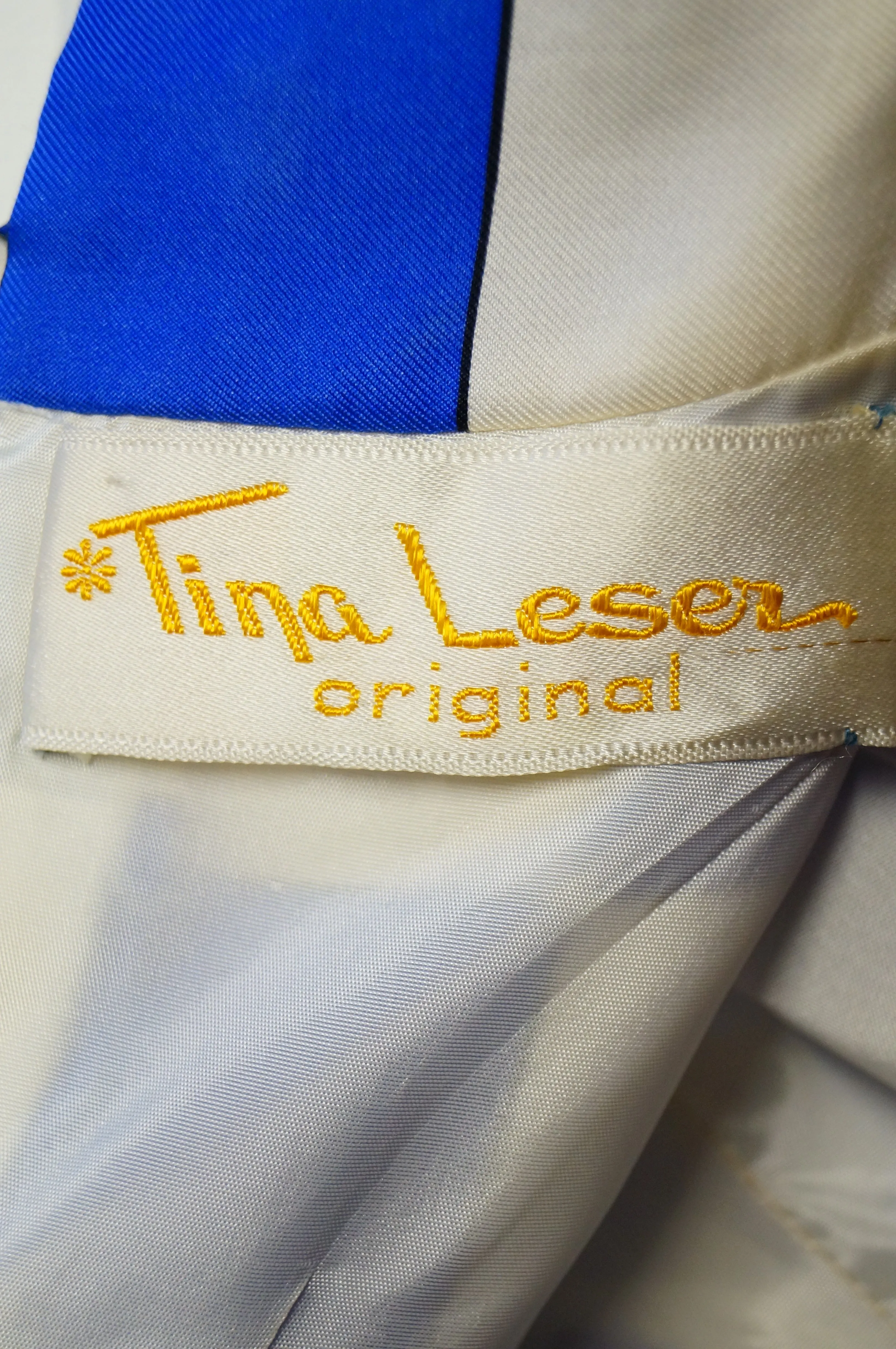 1960s Tina Leser Blue Checkerboard Print Dress with Graphic Blue Hem
