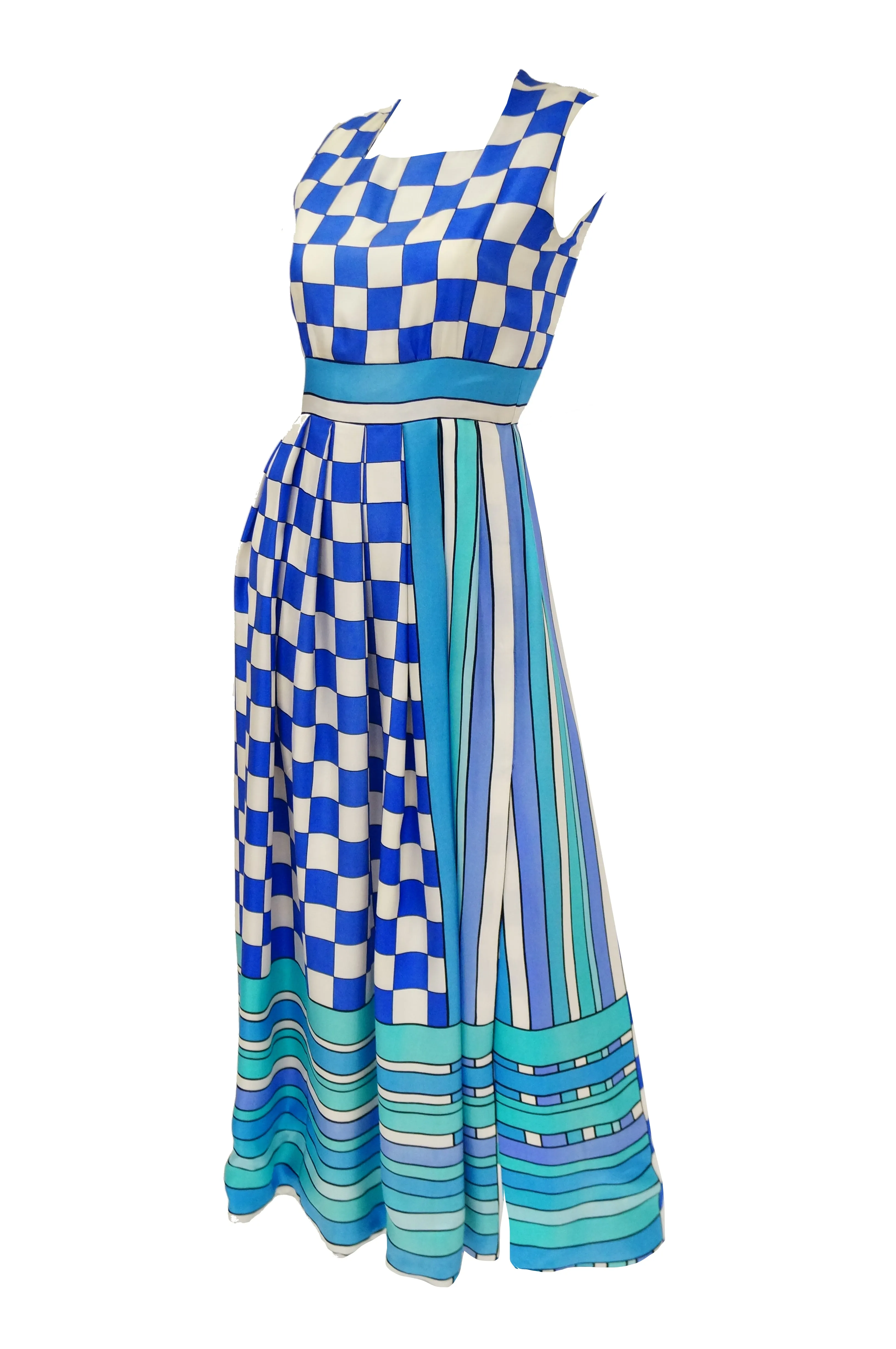 1960s Tina Leser Blue Checkerboard Print Dress with Graphic Blue Hem