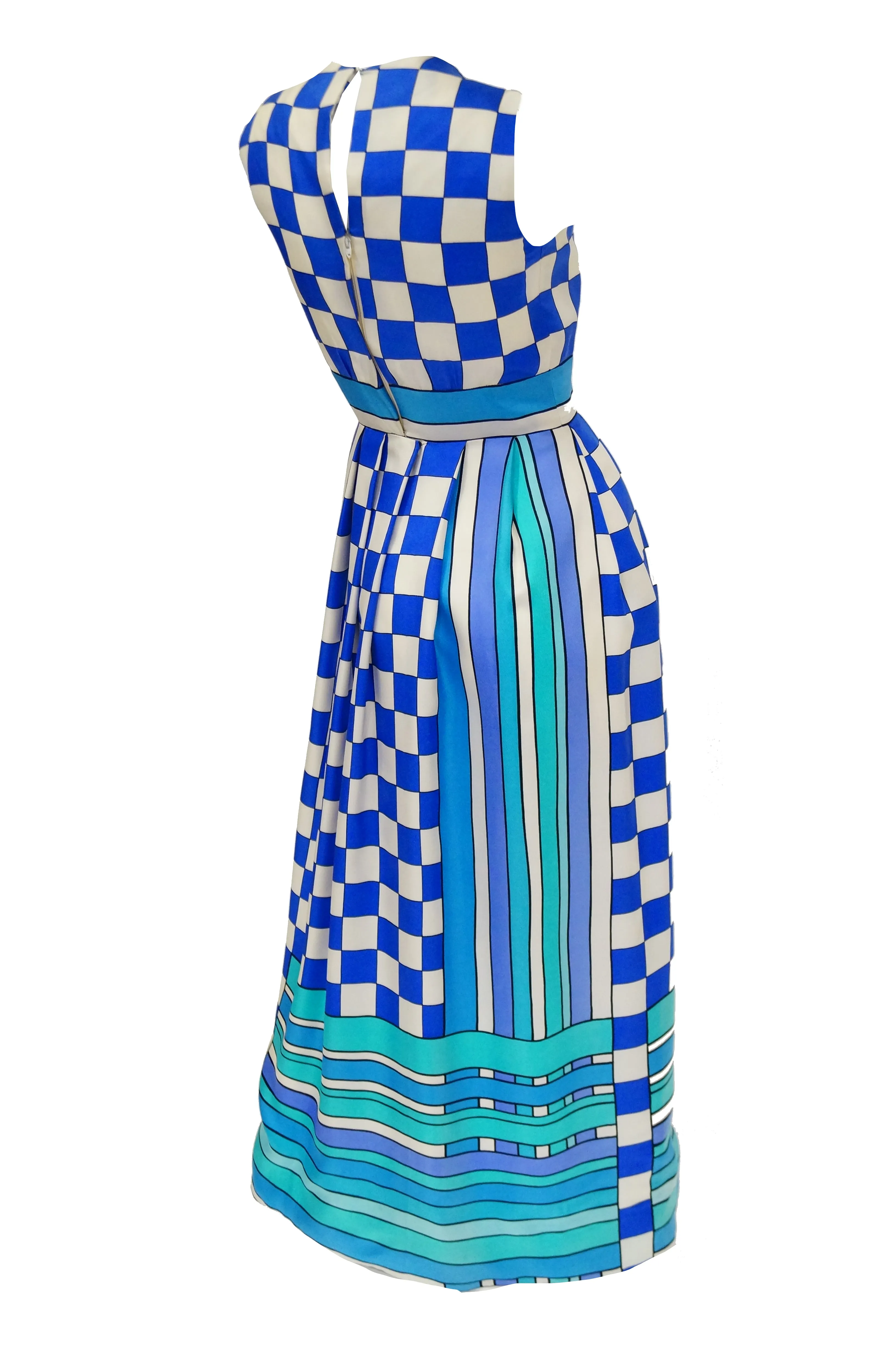 1960s Tina Leser Blue Checkerboard Print Dress with Graphic Blue Hem