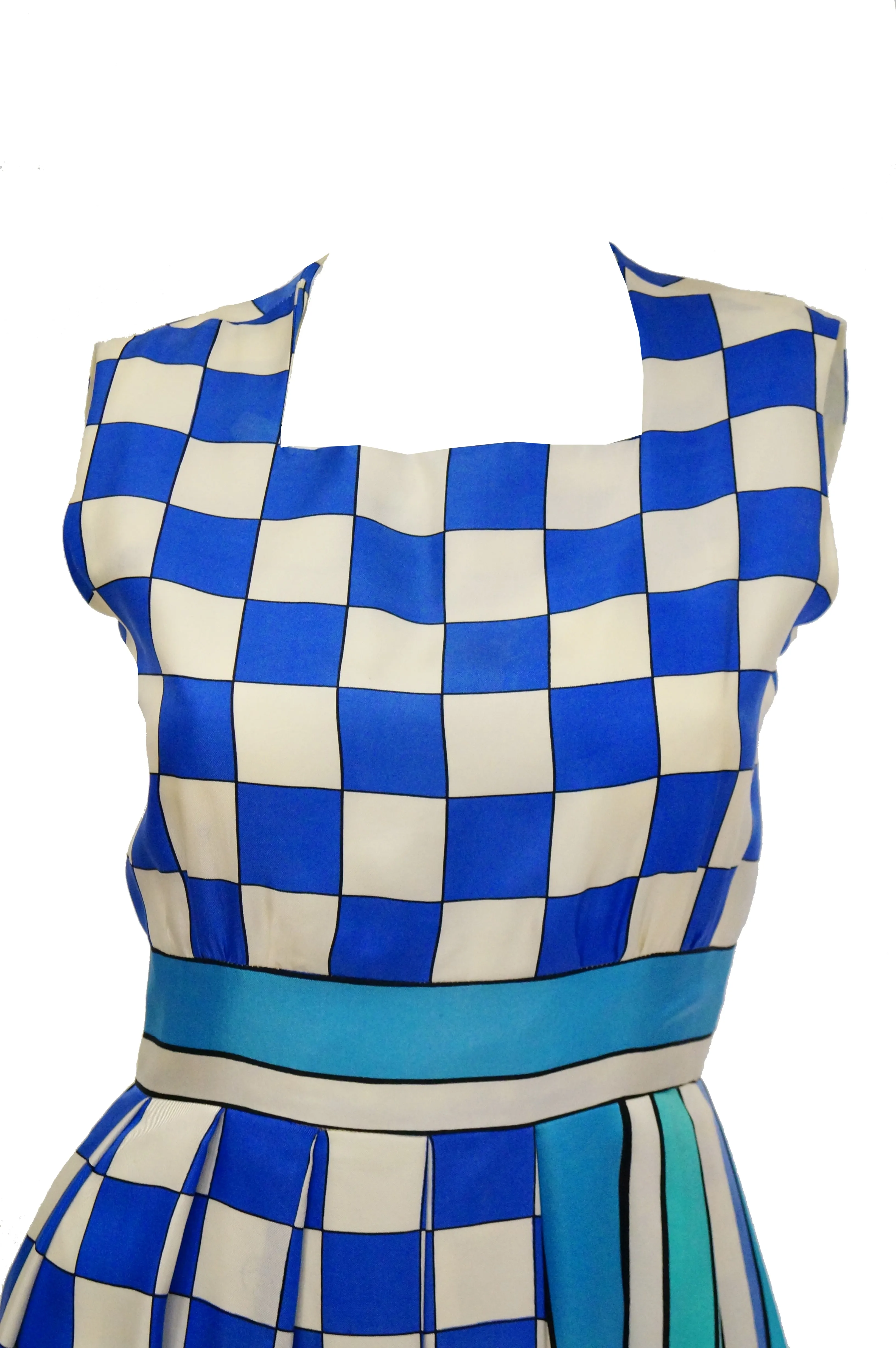 1960s Tina Leser Blue Checkerboard Print Dress with Graphic Blue Hem