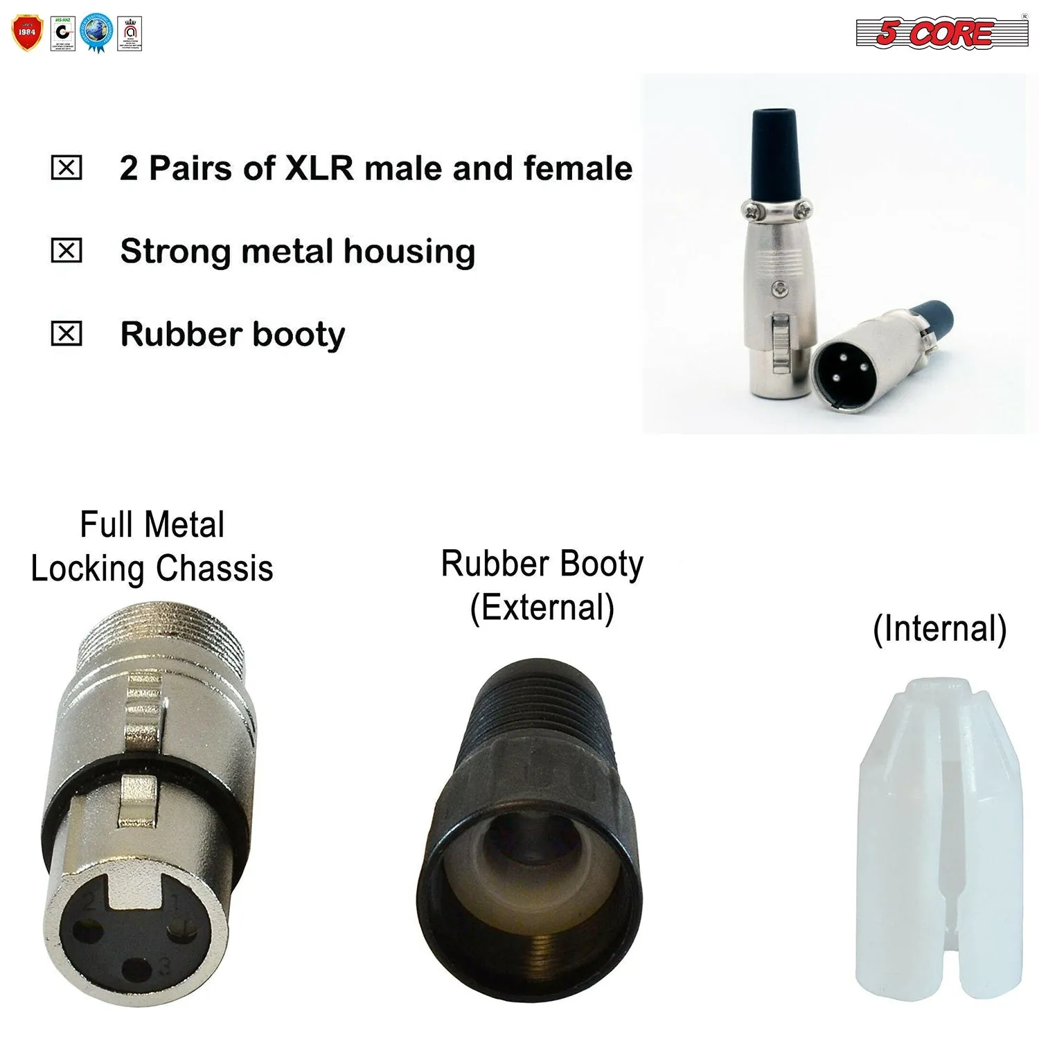 5 Core 3 Pin XLR Male Female Microphone Audio Cable Connector 2 pieces