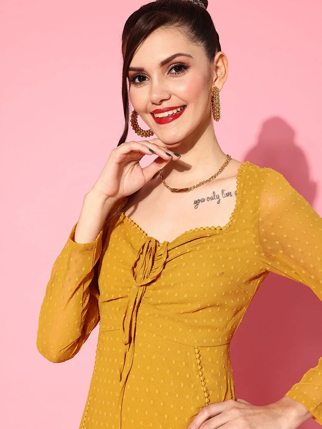 Berrylush Women Mustard Yellow Self-Design Sweetheart Neck Cutout Back Fit & Flare Maxi Dress