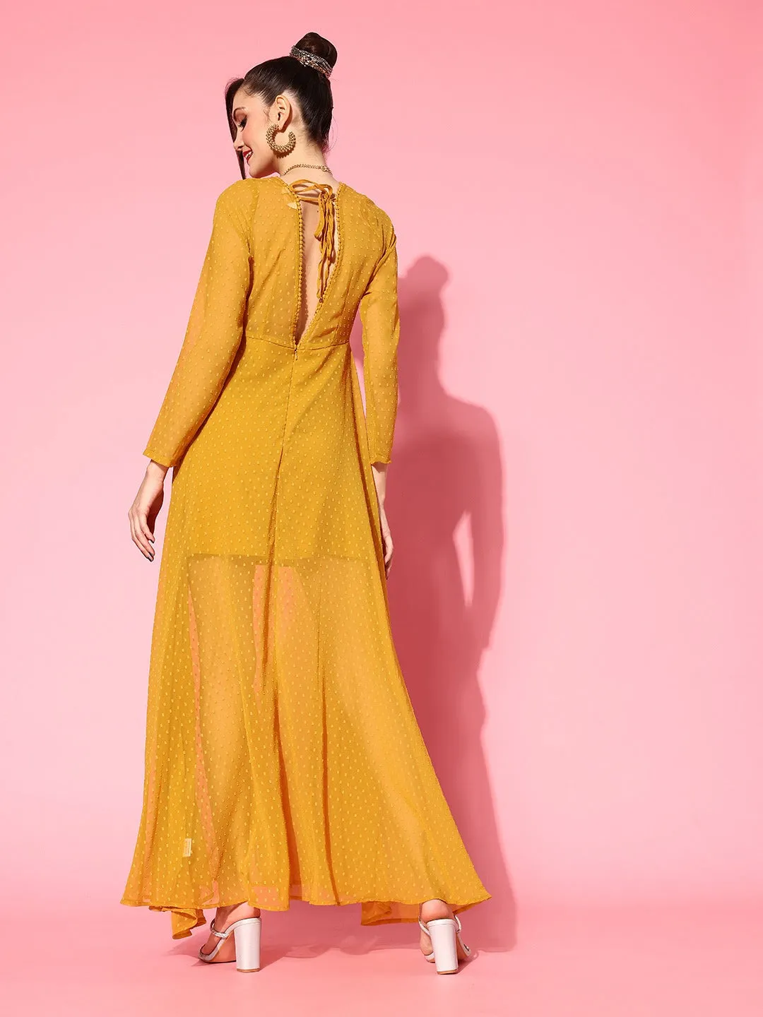 Berrylush Women Mustard Yellow Self-Design Sweetheart Neck Cutout Back Fit & Flare Maxi Dress