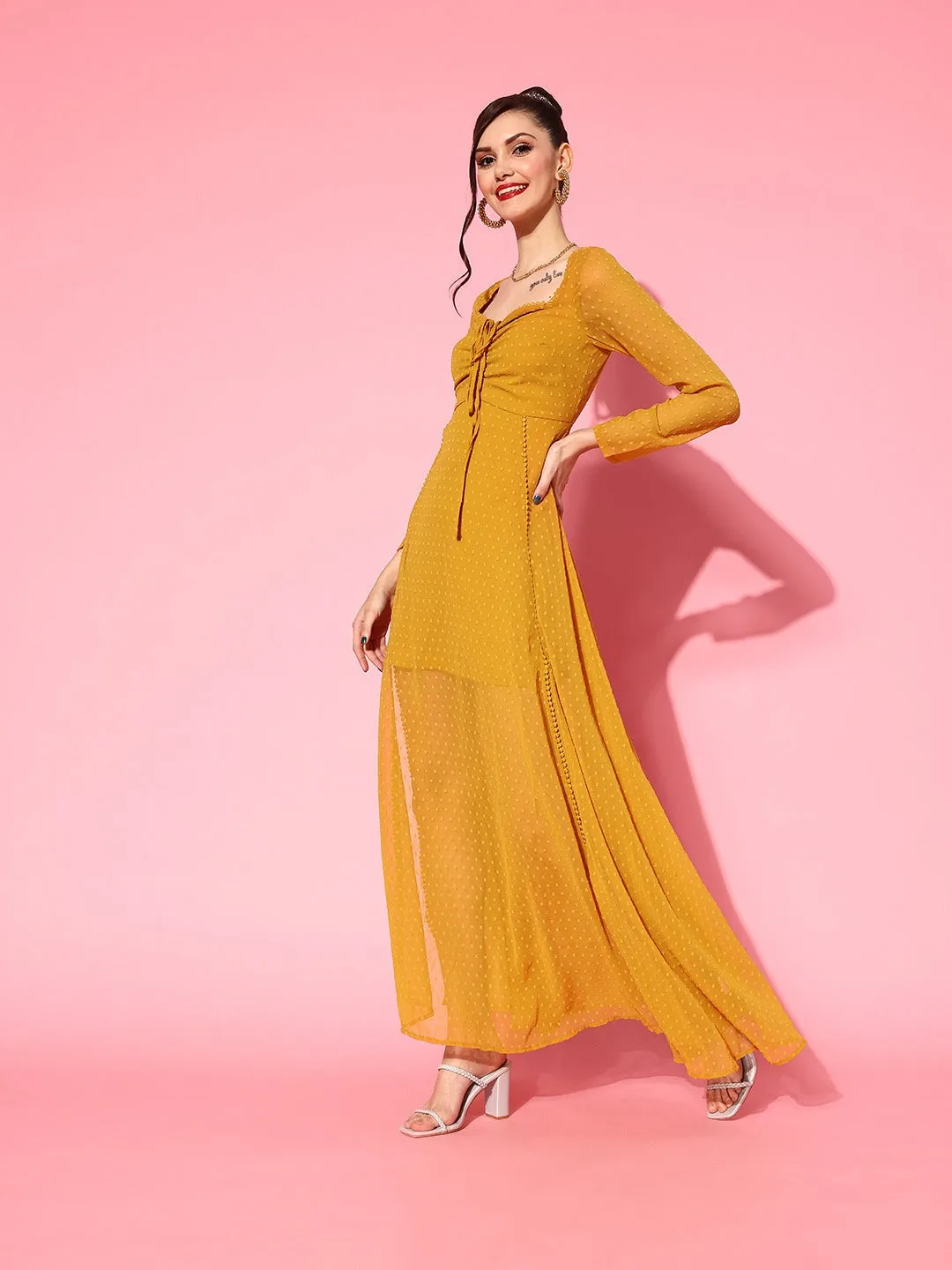 Berrylush Women Mustard Yellow Self-Design Sweetheart Neck Cutout Back Fit & Flare Maxi Dress