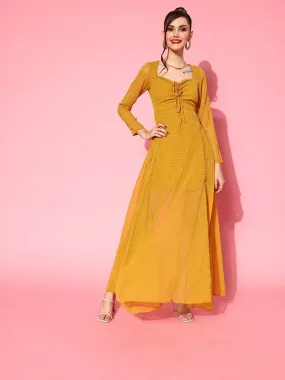 Berrylush Women Mustard Yellow Self-Design Sweetheart Neck Cutout Back Fit & Flare Maxi Dress