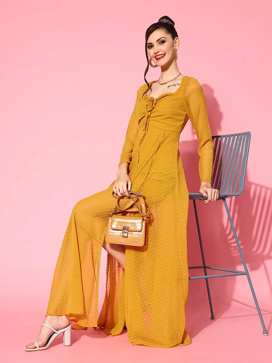 Berrylush Women Mustard Yellow Self-Design Sweetheart Neck Cutout Back Fit & Flare Maxi Dress