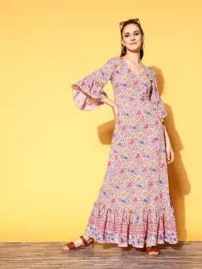 Berrylush Women Pink & Lavender Floral Printed V-Neck Three-Quarter Sleeve Crepe Ruffled Maxi Dress