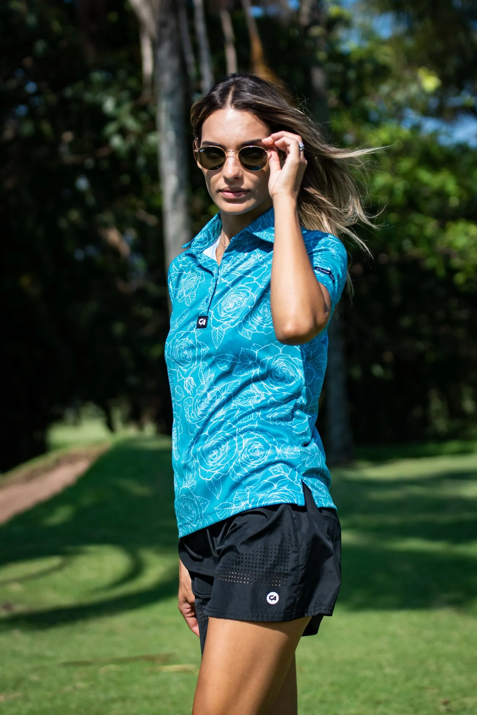 CA Ladies Funky Golf Shirt | Teal Roses