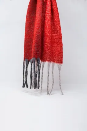 Chunky Knit Scarf In Red Color Block With Fringes