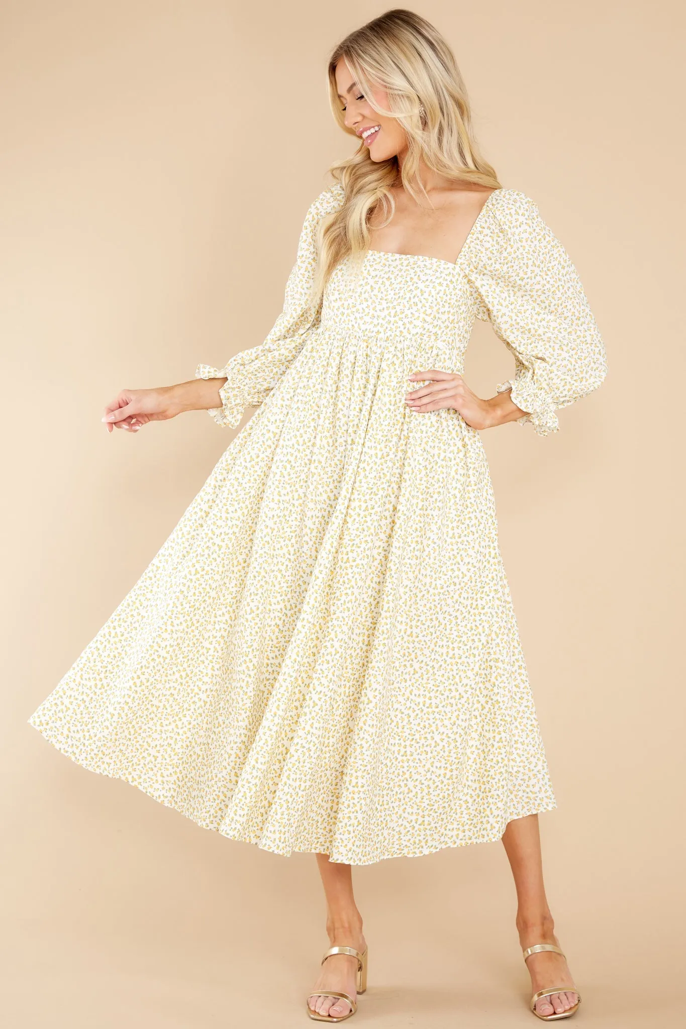 Enjoy The Scenery Yellow Floral Print Midi Dress