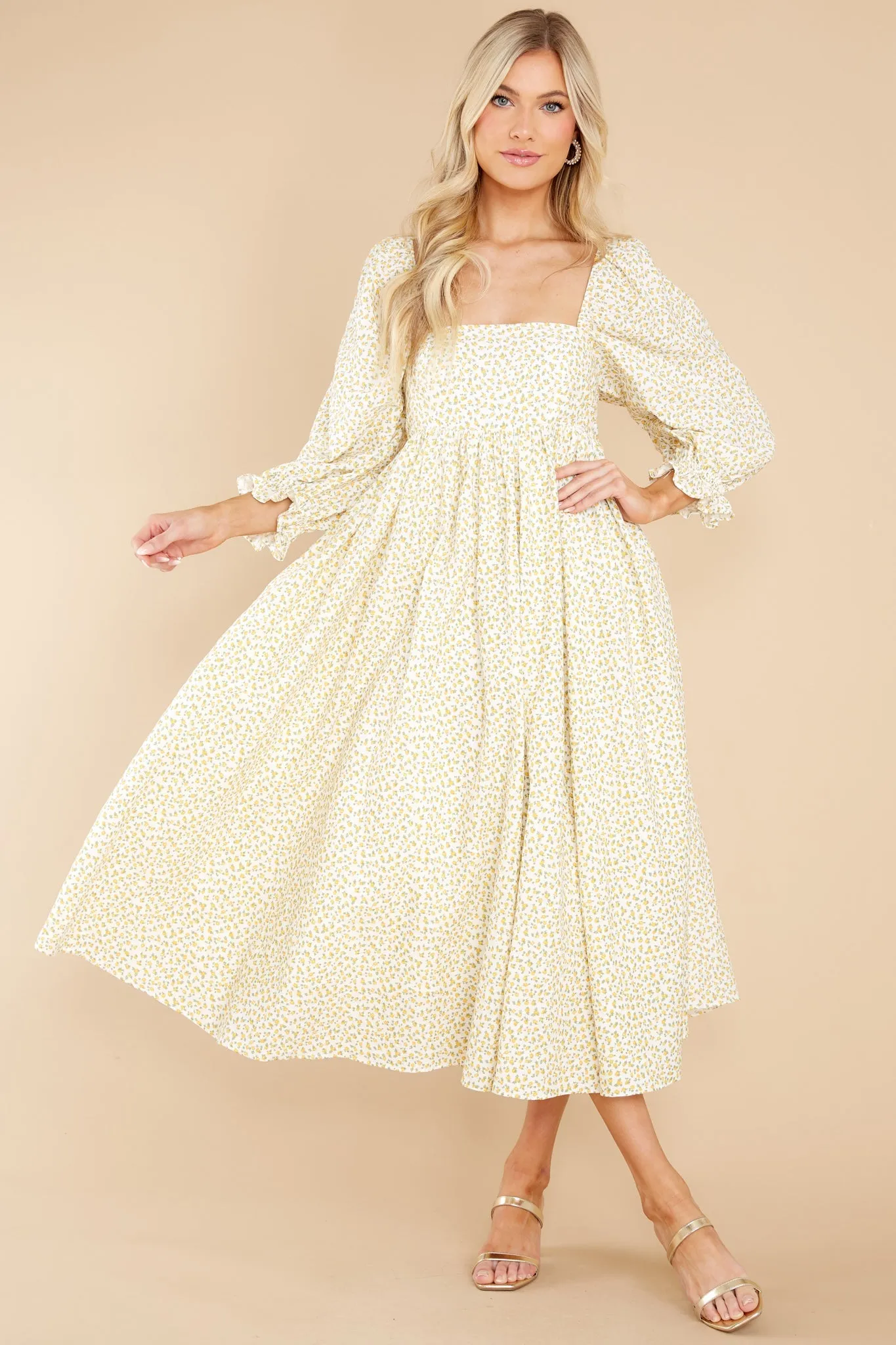 Enjoy The Scenery Yellow Floral Print Midi Dress