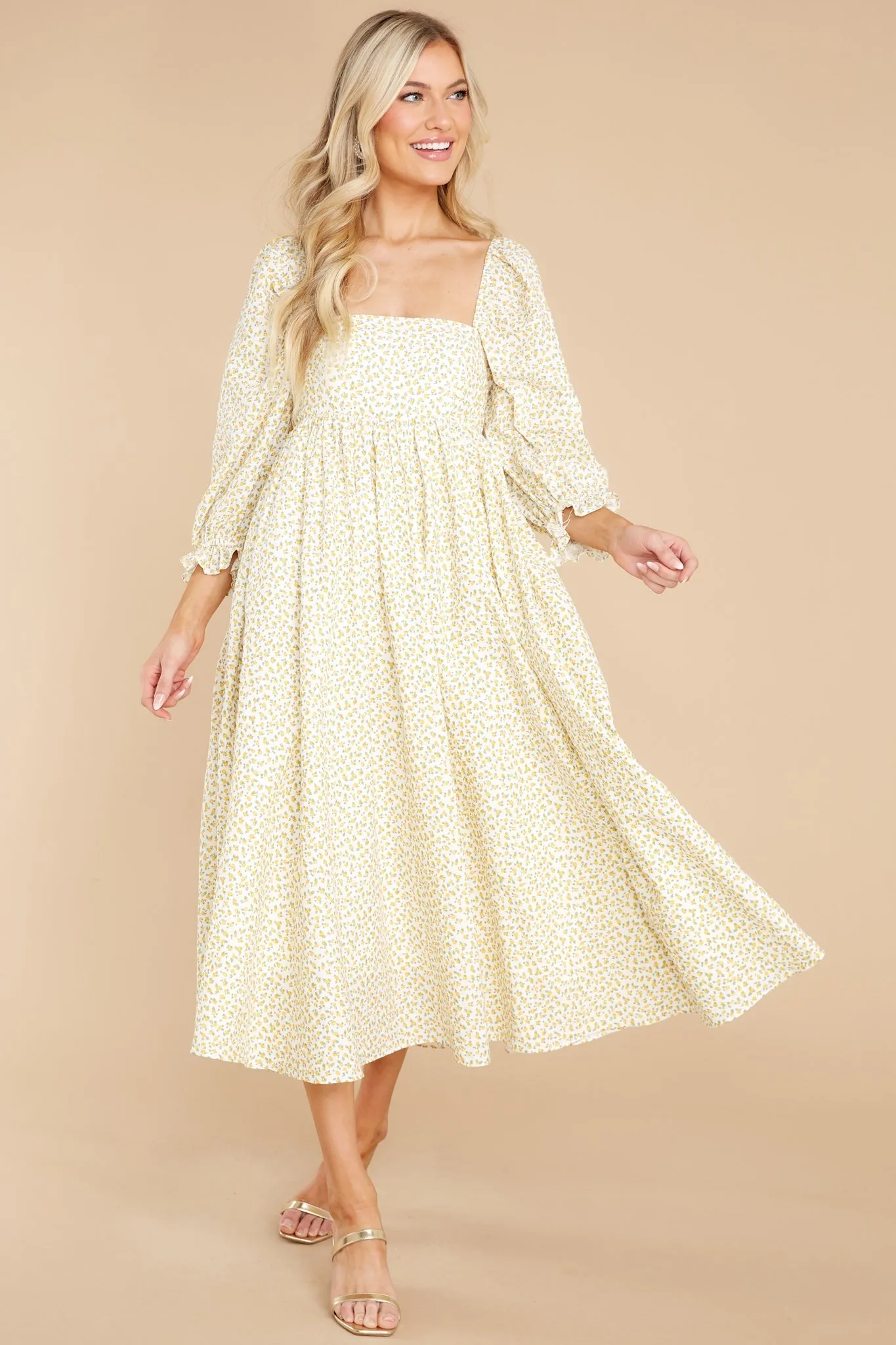 Enjoy The Scenery Yellow Floral Print Midi Dress