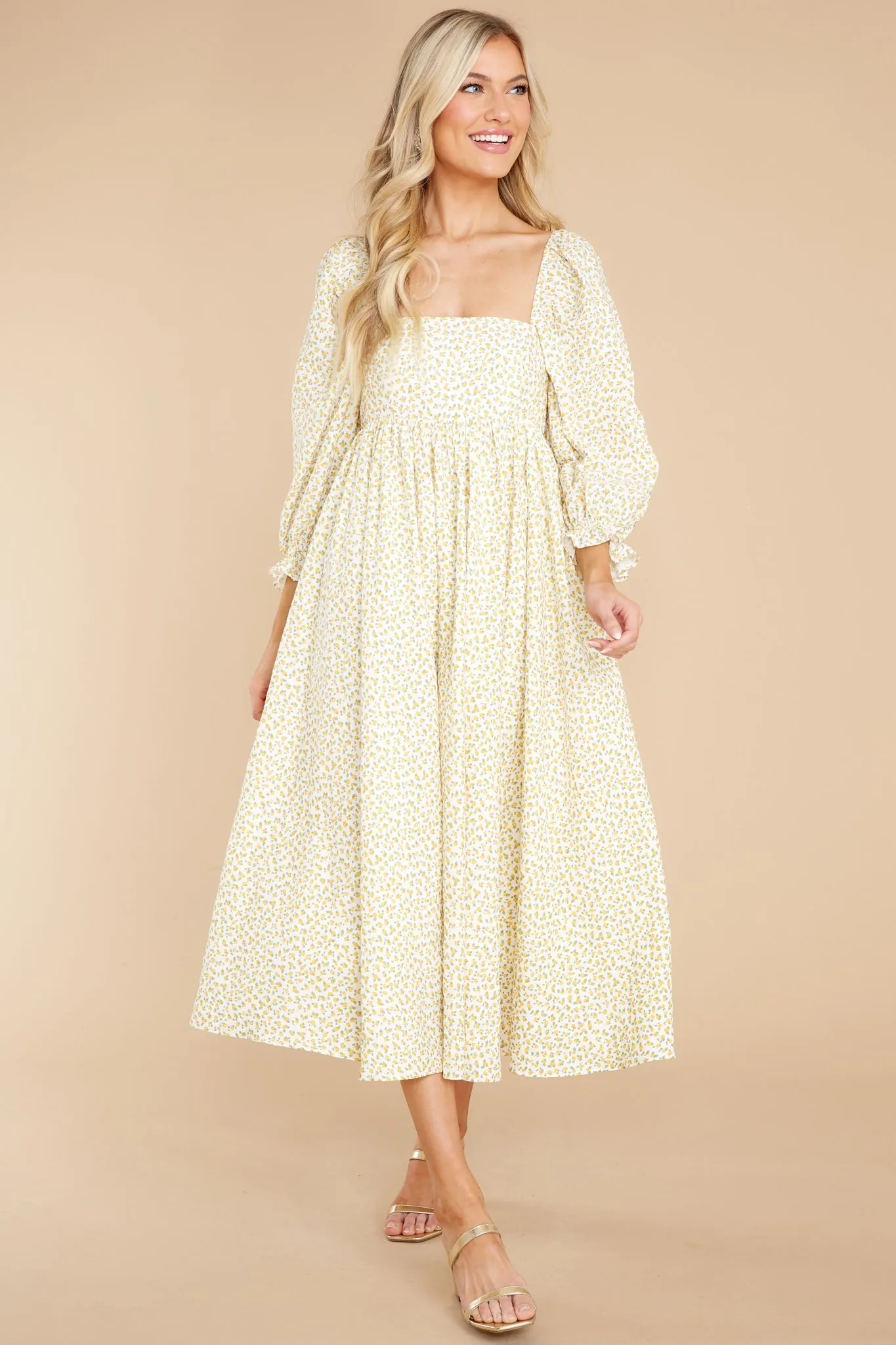 Enjoy The Scenery Yellow Floral Print Midi Dress