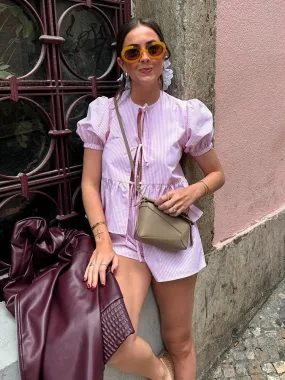 FLYTONN-Elegant Puff Short Sleeve Lace Up Casual Shirt Suit Pink Stripe Ruffle Shirts Shorts 2pcs Sets 2024 Summer Women Street Outfits