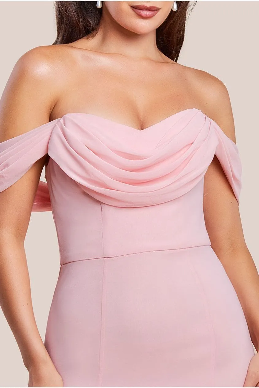 Goddiva Chiffon Bardot Cowl Neck Maxi Dress - Blush