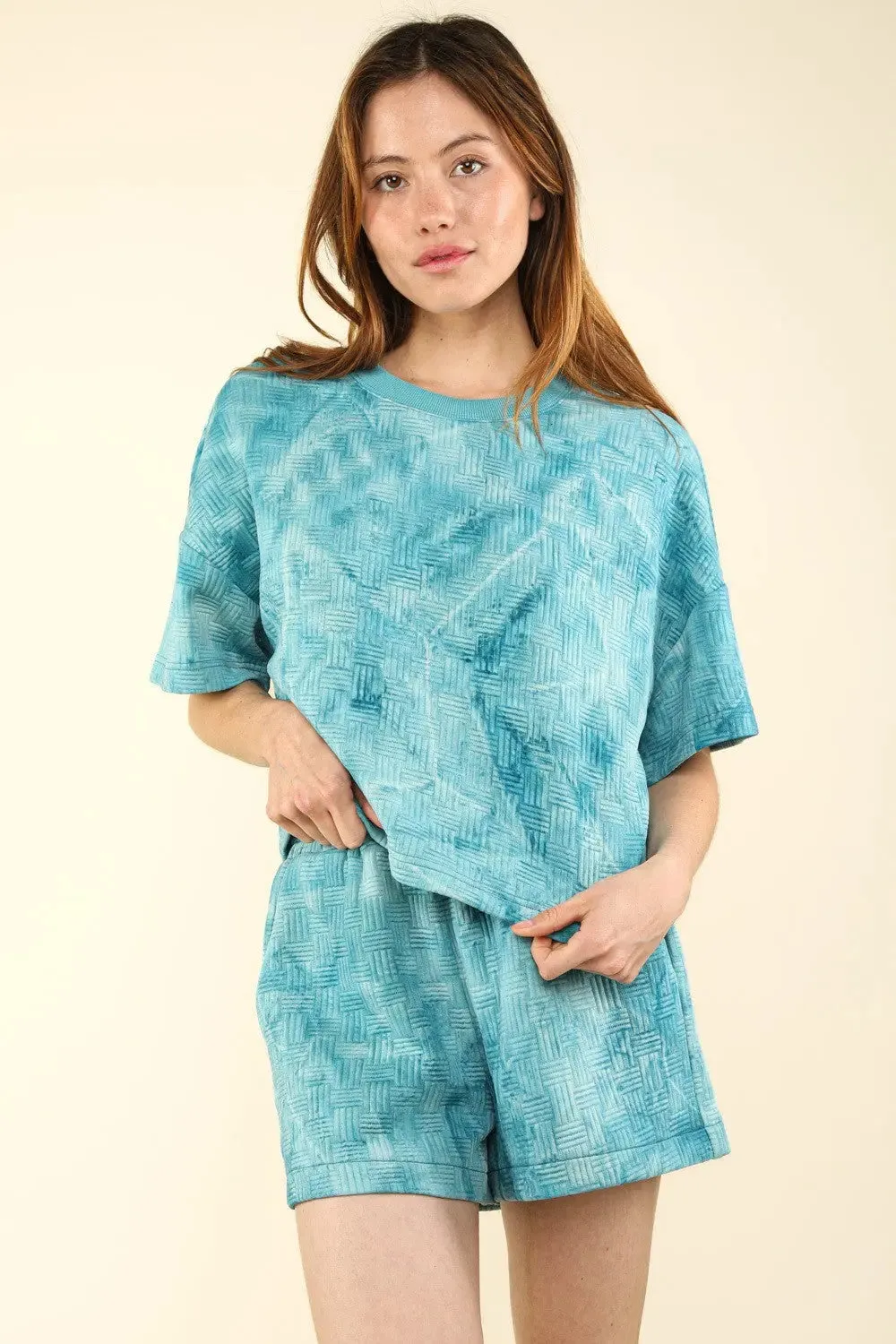 Indira Teal Quilted Washed Crop Top and Shorts Set