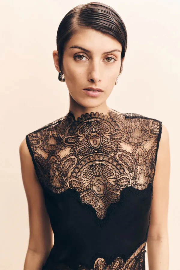 Jamila Lace High Neck Maxi Dress - Black
