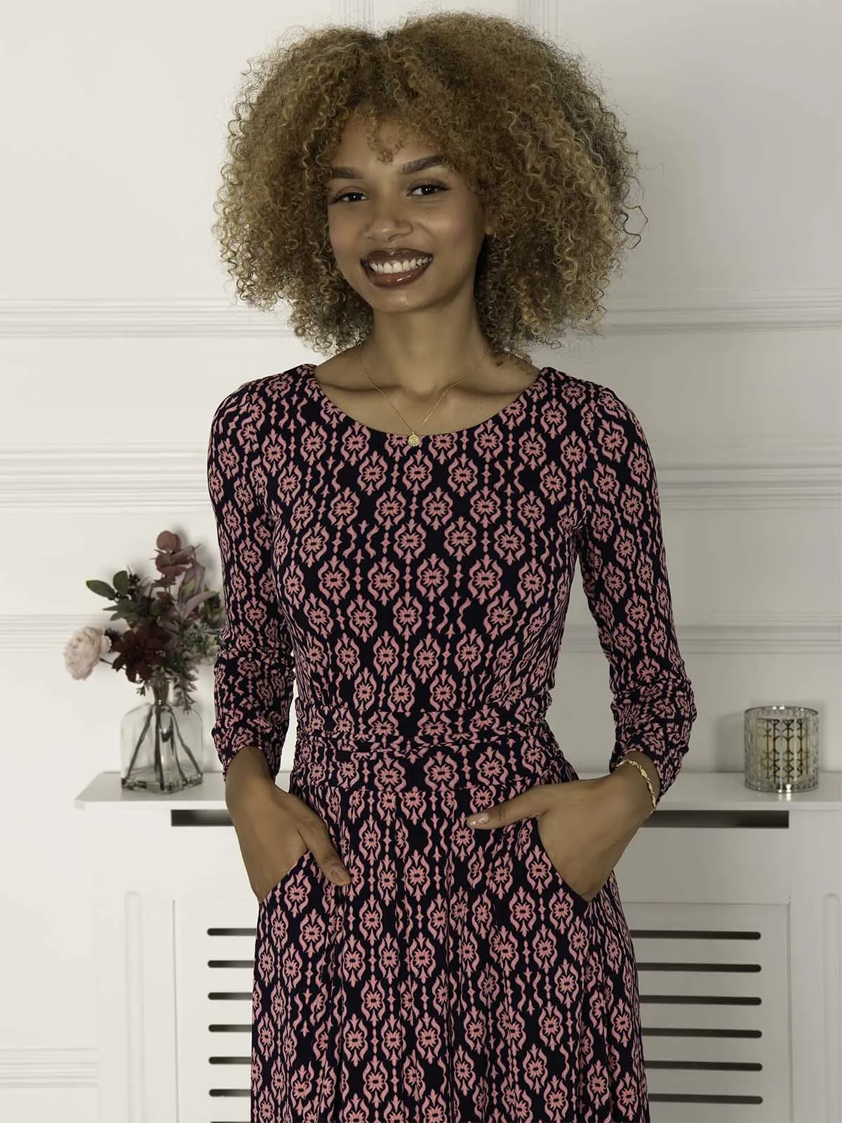 Kalani Long Sleeve Midi Dress, Navy Geo