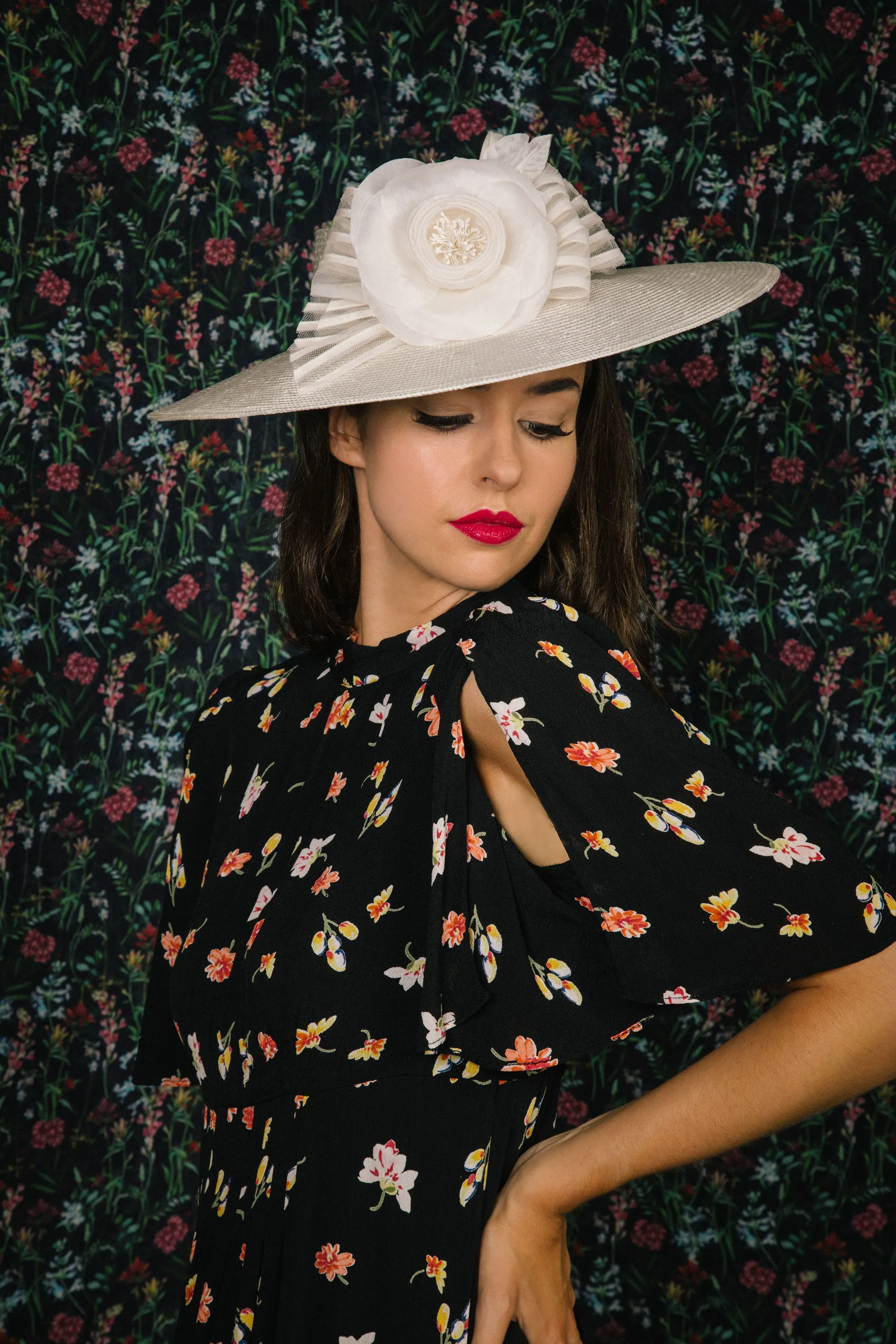 Nijinsky: Large White Straw Boater Hat with Camelia and Bow