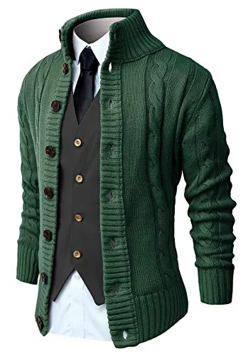 NITAGUT Mens Long Sleeve Casual Slim Fit Cardigan Cable Knitted Sweater Thermal Button Down Closure，Green，XX-Large