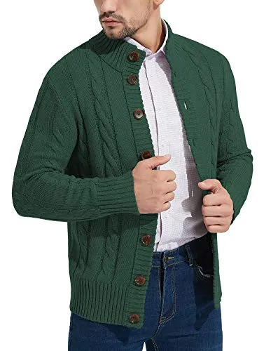 NITAGUT Mens Long Sleeve Casual Slim Fit Cardigan Cable Knitted Sweater Thermal Button Down Closure，Green，XX-Large