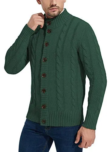 NITAGUT Mens Long Sleeve Casual Slim Fit Cardigan Cable Knitted Sweater Thermal Button Down Closure，Green，XX-Large