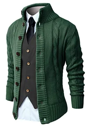 NITAGUT Mens Long Sleeve Casual Slim Fit Cardigan Cable Knitted Sweater Thermal Button Down Closure，Green，XX-Large