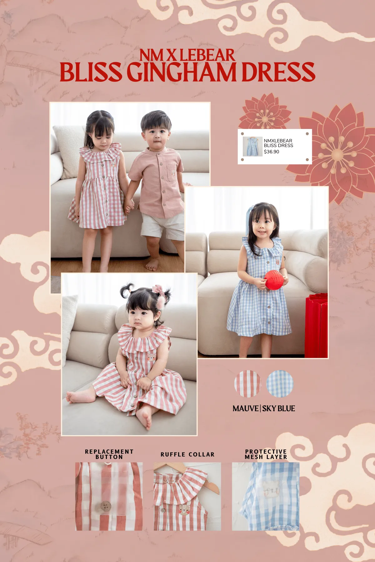 NM X LEBEAR BLISS GINGHAM DRESS IN MAUVE