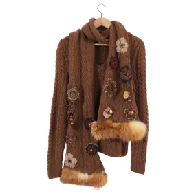 Oscar de la Renta Brown Cashmere Scarf and Sweater Set - S