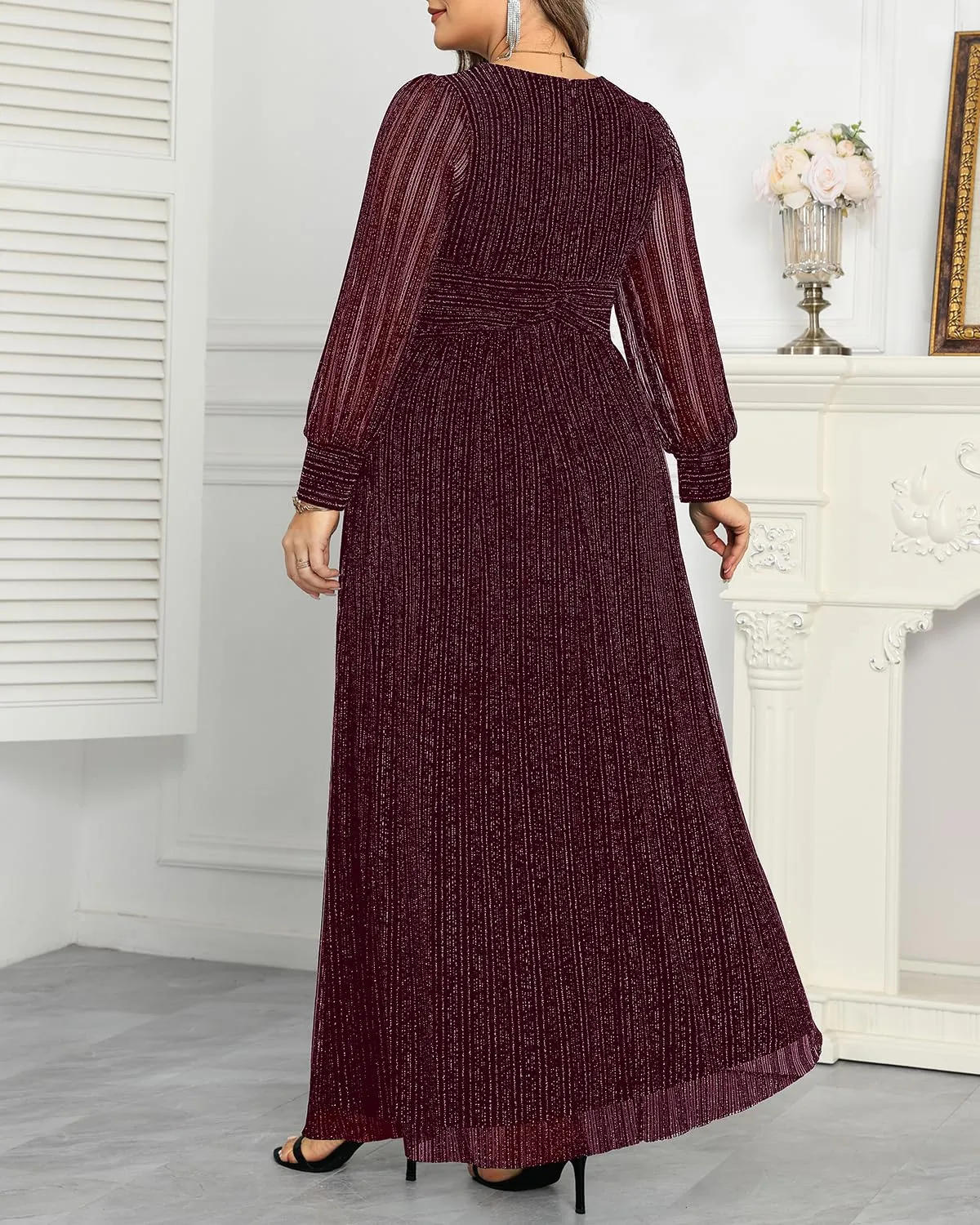 Pinup Fashion Burgundy Plus Size Dresses Formal Wedding Guest Evening Gowns Long Sleeve Bridesmaid Holiday Sparkly New Year Prom Dress