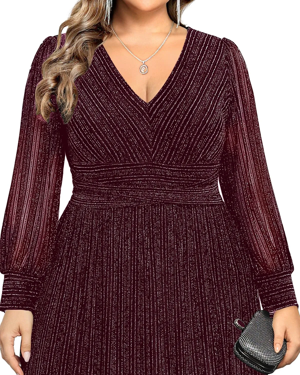 Pinup Fashion Burgundy Plus Size Dresses Formal Wedding Guest Evening Gowns Long Sleeve Bridesmaid Holiday Sparkly New Year Prom Dress