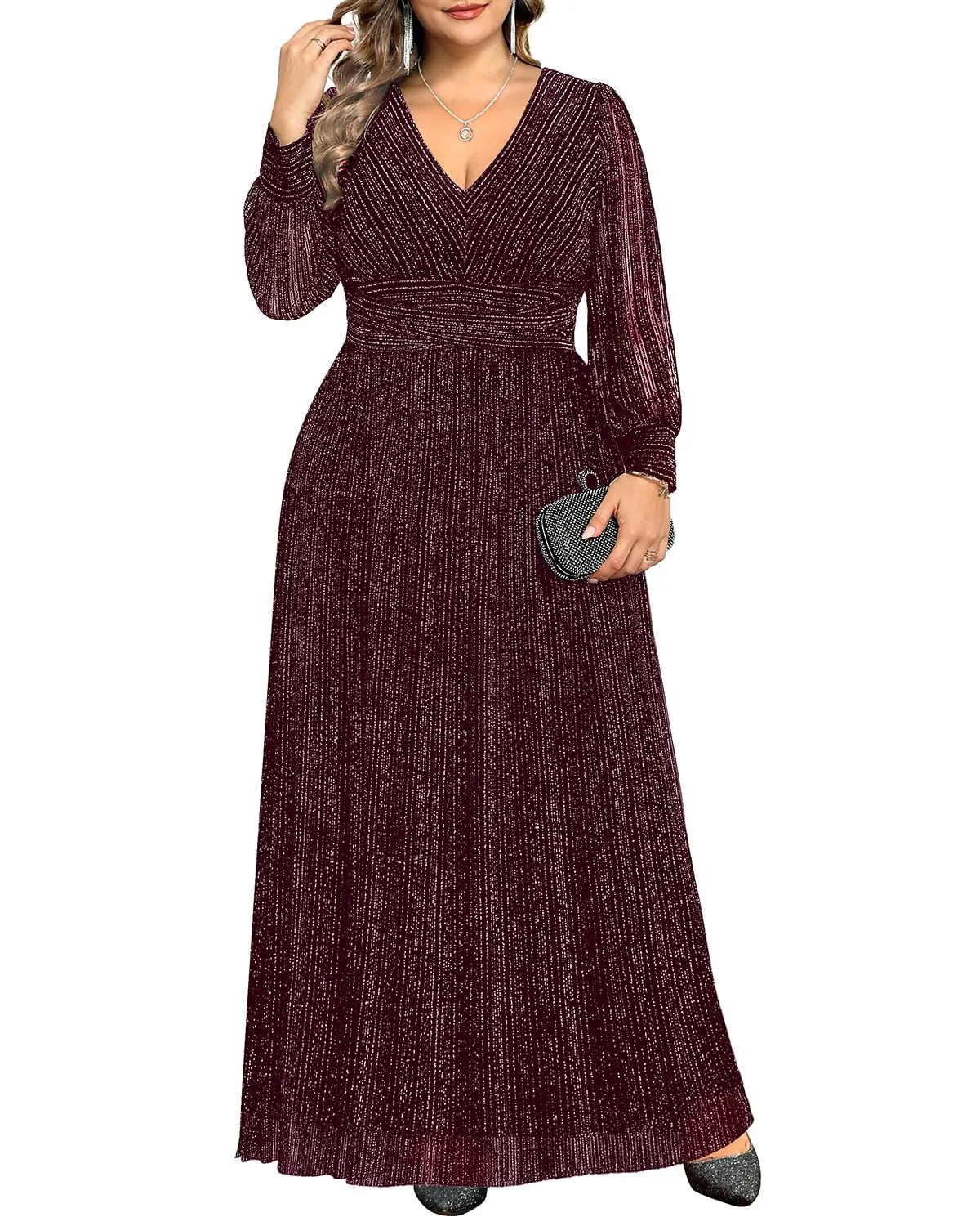 Pinup Fashion Burgundy Plus Size Dresses Formal Wedding Guest Evening Gowns Long Sleeve Bridesmaid Holiday Sparkly New Year Prom Dress