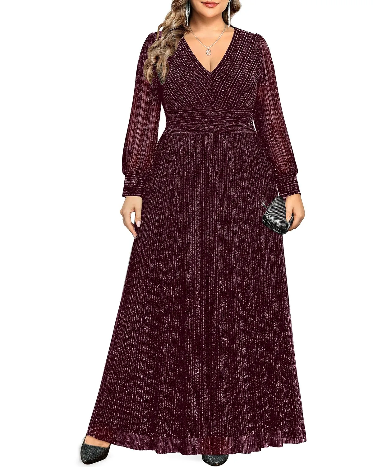 Pinup Fashion Burgundy Plus Size Dresses Formal Wedding Guest Evening Gowns Long Sleeve Bridesmaid Holiday Sparkly New Year Prom Dress
