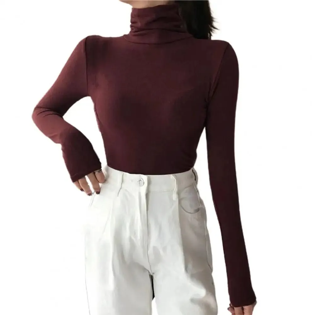 Pullover Tops Slim-fit Thermal Turtleneck Elasticity Base Shirt Solid Color High Collar Long Sleeve Sweater For Daily Wear