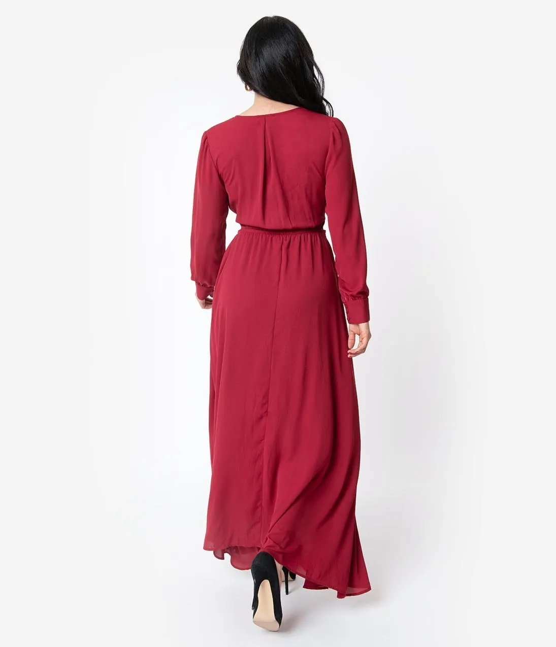 Unique Vintage Burgundy Red Long Sleeve Farrah Maxi Dress