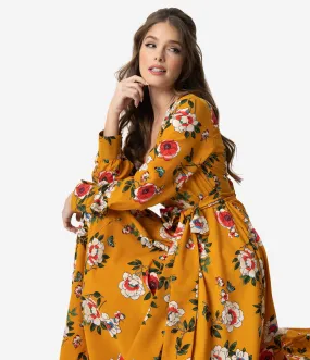 Unique Vintage Mustard & Multicolor Floral Long Sleeve Farrah Maxi Dress
