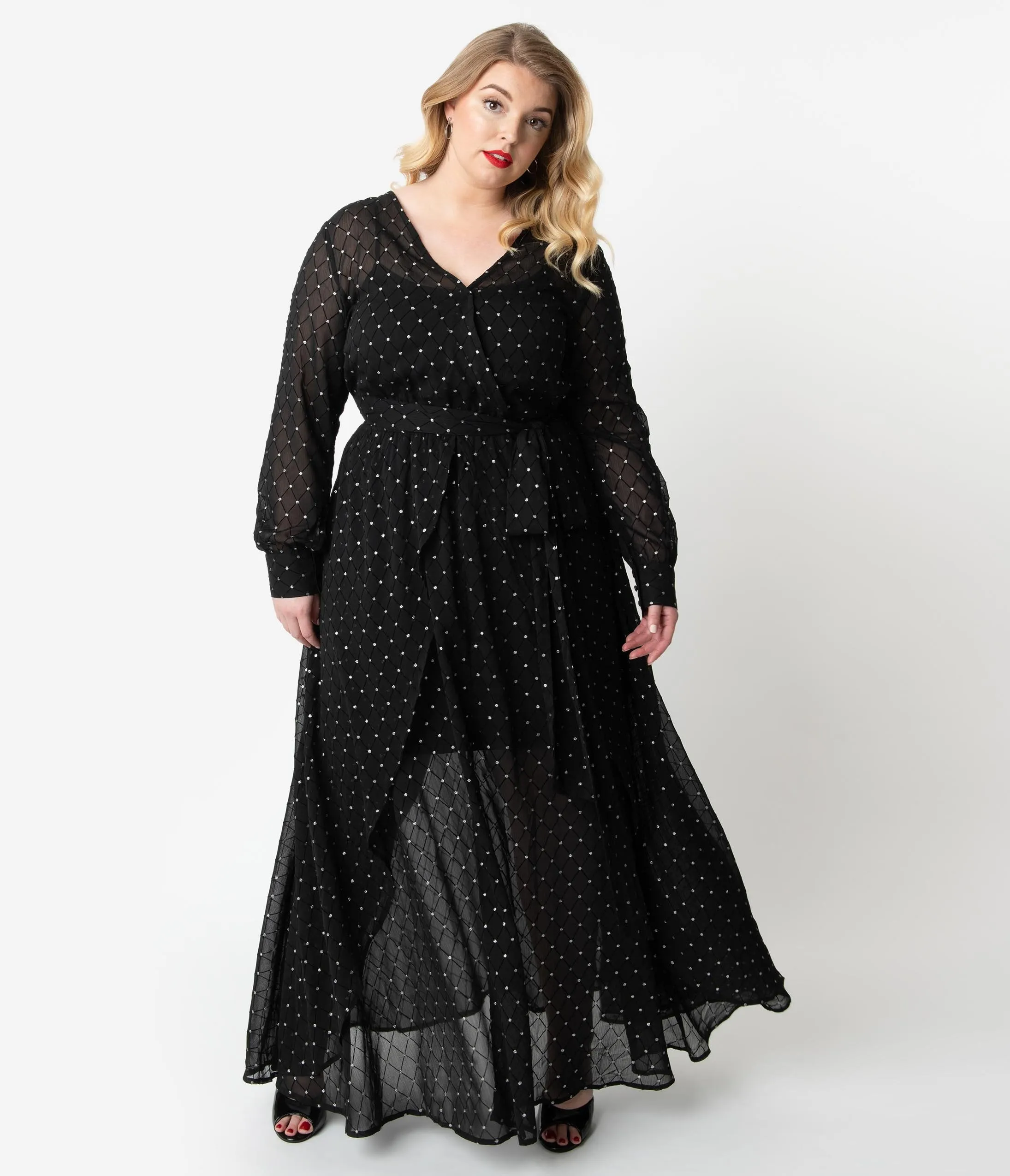 Unique Vintage Plus Size Black & Silver Long Sleeve Farrah Maxi Dress