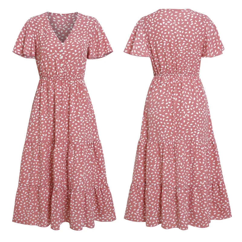 V Neck Floral Dress in Pink Summer Dress