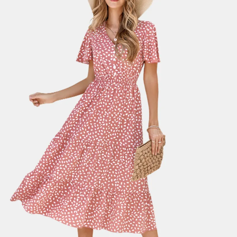 V Neck Floral Dress in Pink Summer Dress