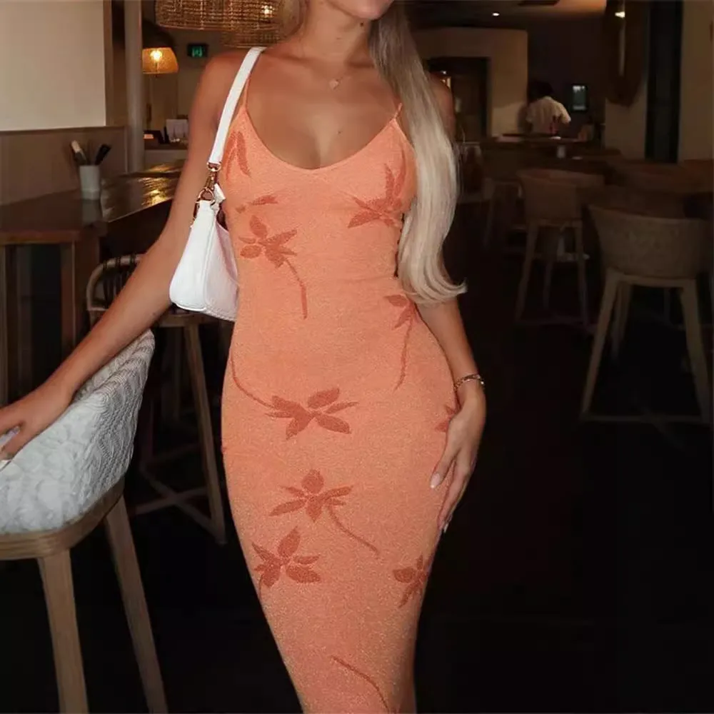 Wenkouban dress Fashion New V-neck Printed Suspender Maxi Dress Ladies Elegant Slim High Waist Holiday Style Dress